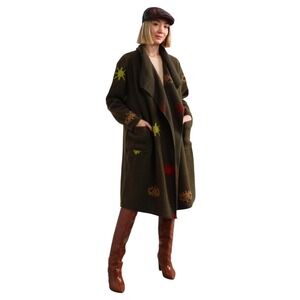 Stars Wool Blend Duster Coat Womens Green Excellent Embroidered Sun SIZE‎ OS